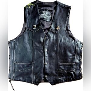 Men's Black Leather Vest w/ Embossed USA Eagle & Harley Davidson Pins